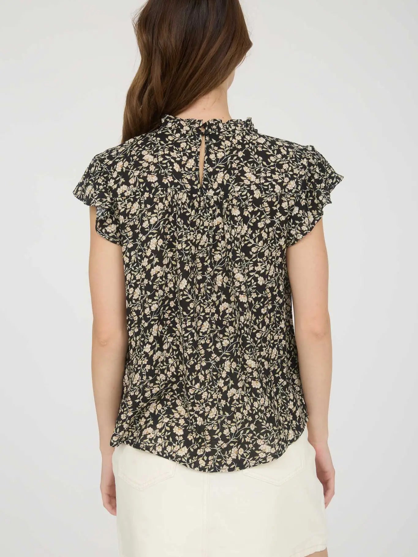 Black Floral Floral Lace Yoke Trim Ruffle Detail Short Sleeve Top