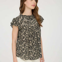 Black Floral Floral Lace Yoke Trim Ruffle Detail Short Sleeve Top