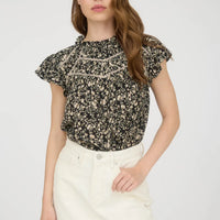 Black Floral Floral Lace Yoke Trim Ruffle Detail Short Sleeve Top