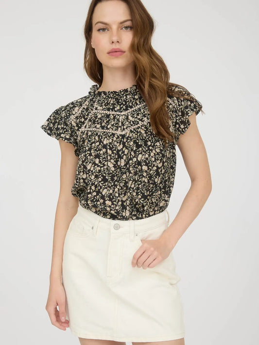 Black Floral Floral Lace Yoke Trim Ruffle Detail Short Sleeve Top