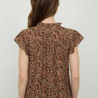 Brown Multi Floral Lace Yoke Trim Ruffle Detail Short Sleeve Top