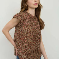Brown Multi Floral Lace Yoke Trim Ruffle Detail Short Sleeve Top