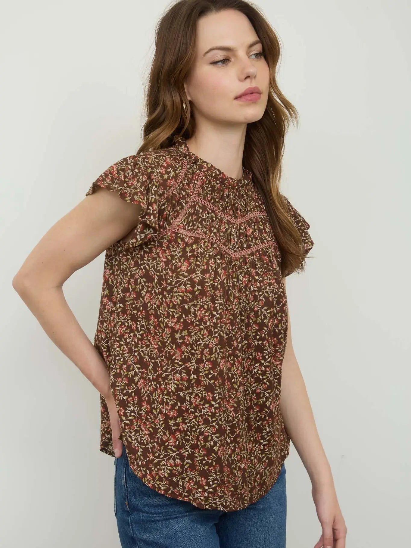 Brown Multi Floral Lace Yoke Trim Ruffle Detail Short Sleeve Top