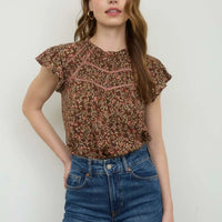 Brown Multi Floral Lace Yoke Trim Ruffle Detail Short Sleeve Top