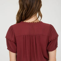 Brick Scallop Trim Front Tie Detail Puff Sleeve Top