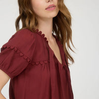Brick Scallop Trim Front Tie Detail Puff Sleeve Top