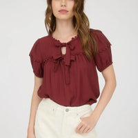 Brick Scallop Trim Front Tie Detail Puff Sleeve Top