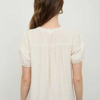 Ivory Scallop Trim Front Tie Detail Puff Sleeve Top