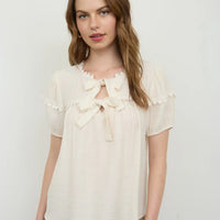 Ivory Scallop Trim Front Tie Detail Puff Sleeve Top