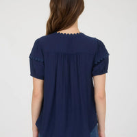 Navy Scallop Trim Front Tie Detail Puff Sleeve Top