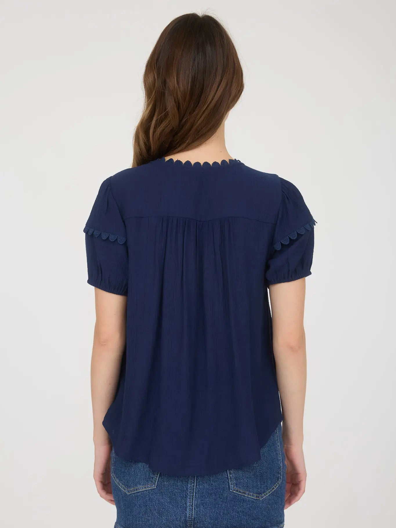 Navy Scallop Trim Front Tie Detail Puff Sleeve Top