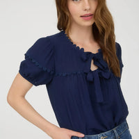 Navy Scallop Trim Front Tie Detail Puff Sleeve Top