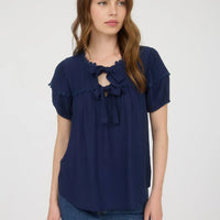 Navy Scallop Trim Front Tie Detail Puff Sleeve Top