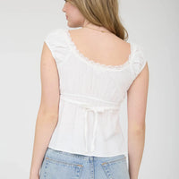 Stripe Lace Trim Front Tie Short Sleeve Top
