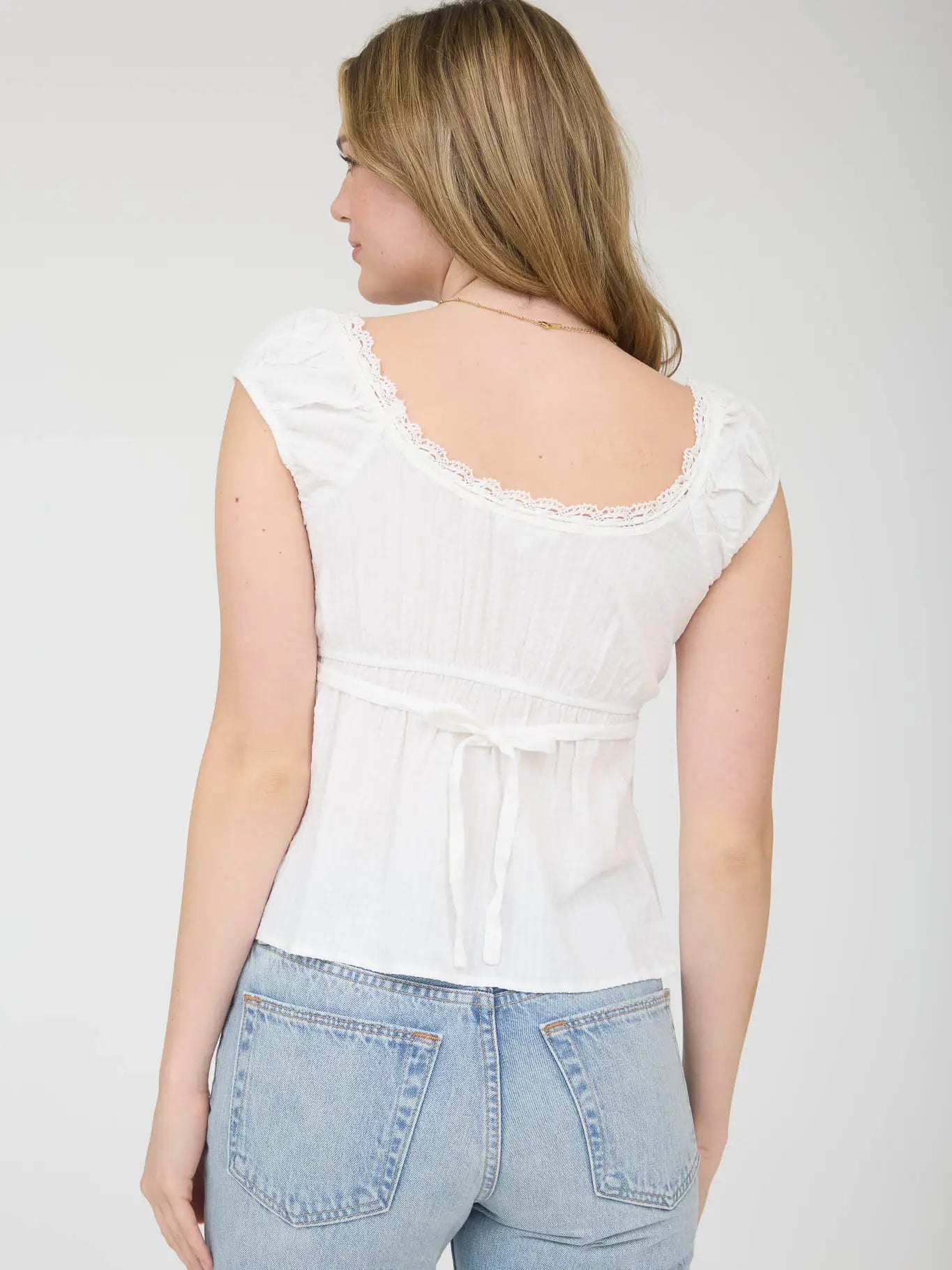 Stripe Lace Trim Front Tie Short Sleeve Top