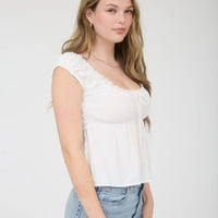 Stripe Lace Trim Front Tie Short Sleeve Top