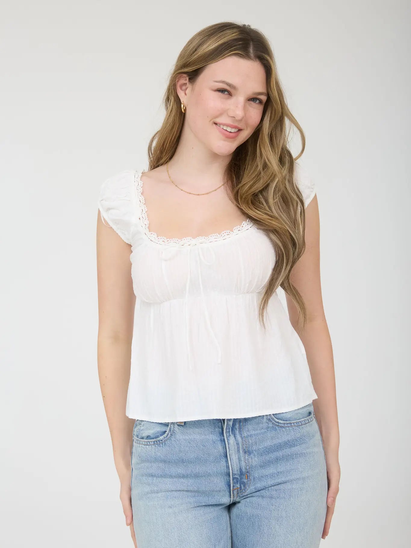 Stripe Lace Trim Front Tie Short Sleeve Top