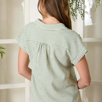 Stripe Collared V Neck Cuff Sleeve Shirt