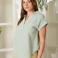 Stripe Collared V Neck Cuff Sleeve Shirt