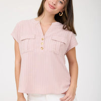Plus Stripe Pocket Detail Half Button Down Top