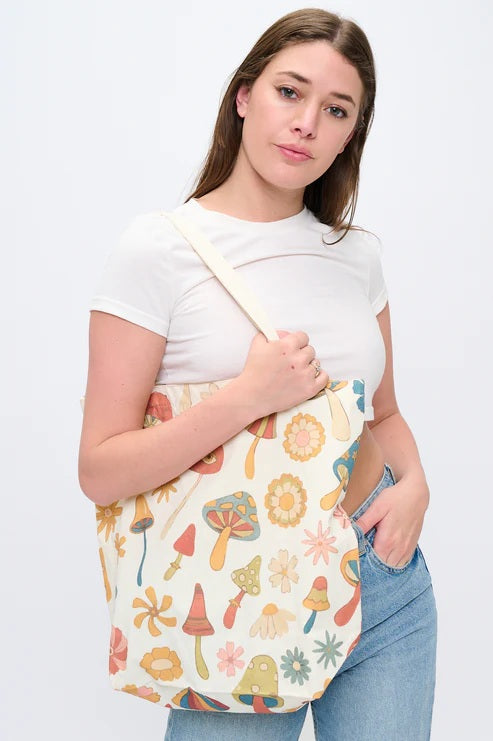 Colorful Funky Mushrooms Print Tote Bags