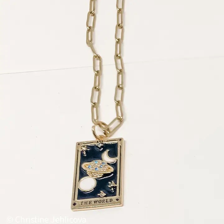 Tarot Card Necklace-The World- Steel Enamel Glass Paperclip