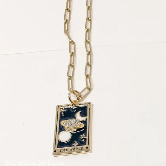 Tarot Card Necklace-The World- Steel Enamel Glass Paperclip