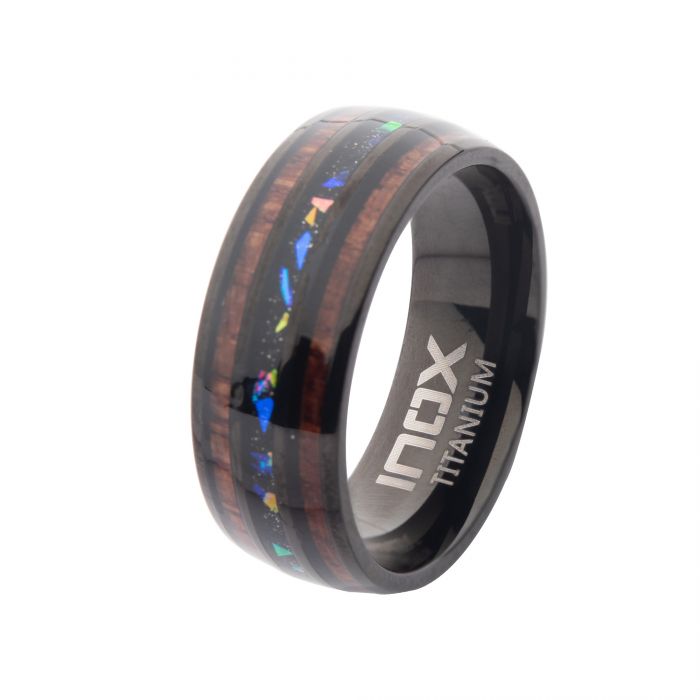 Titanium Ring Wood And Opal Sz10