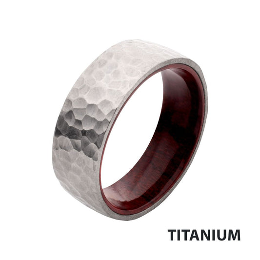 Titanium & Redwood Matte Finish Hammered Ring Size 10
