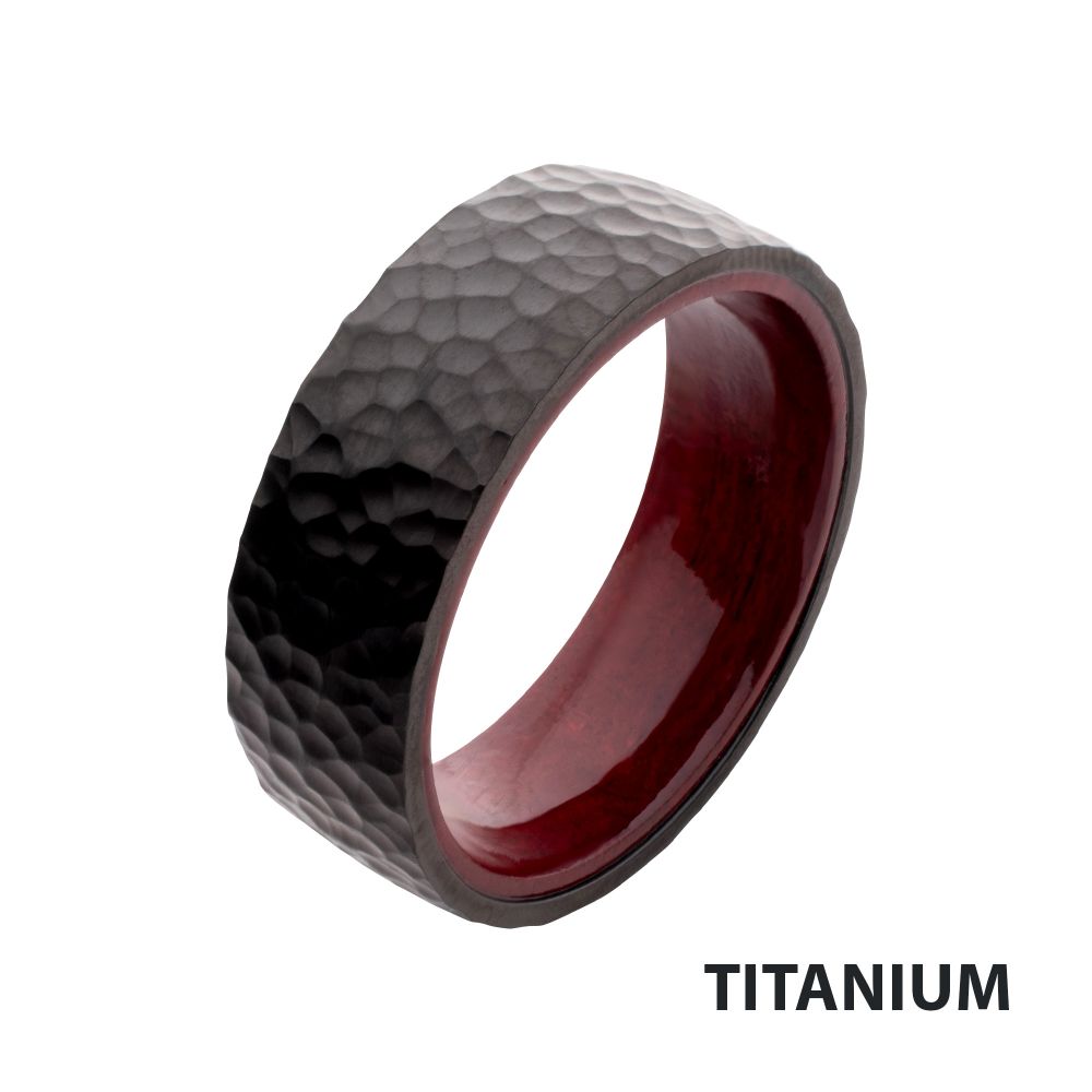 Black IP Titanium & Redwood Matte Hammered Ring Size 9