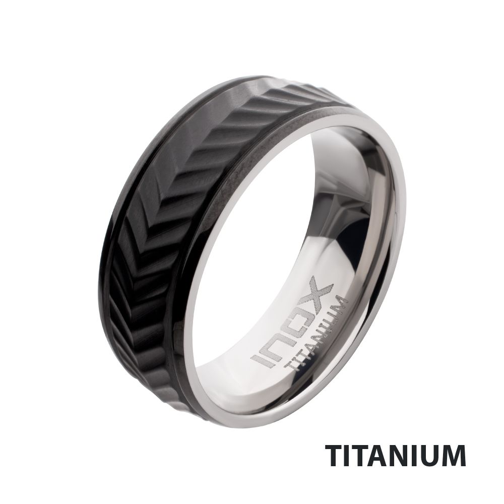 Black IP Titanium Matte Finish Chevron Ring Size 10