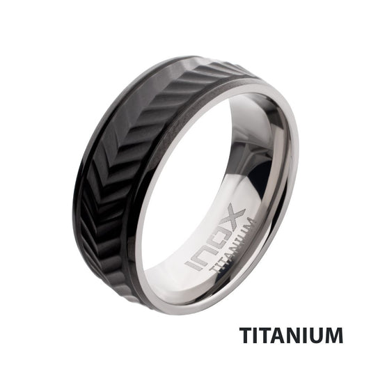 Black IP Titanium Matte Finish Chevron Ring Size 12