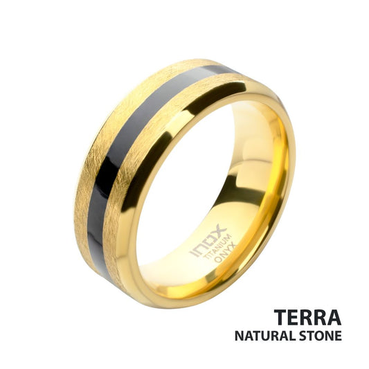 18Kt Gold IP Titanium Matte Black Onyx Stone Inlay Comfort Fit Ring Size 12