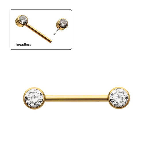 Bezel Set Gem 24kt Gold PVD Side Facing Nipple Barbell