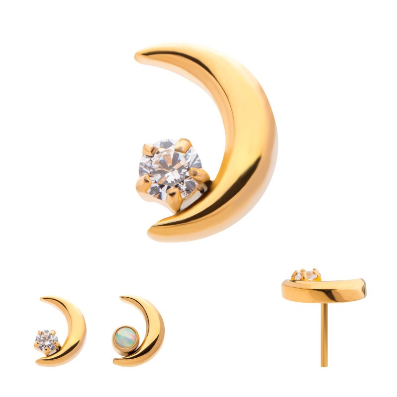 Crescent Moon Prong CZ 24kt Gold PVD Threadless Top
