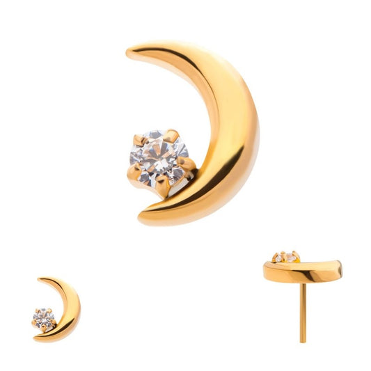 Crescent Moon Prong CZ 24kt Gold PVD Threadless Top