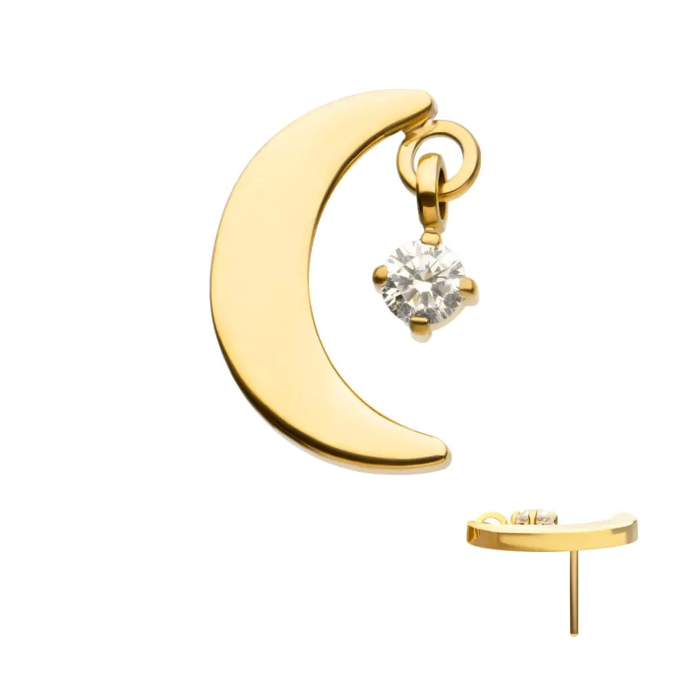 24kt PVD Crescent Plain With Gem Dangle Threadless Top