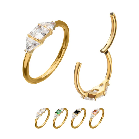 Square And 2 Triangle Side Facing 24kt Gold PVD Hinged Hoop