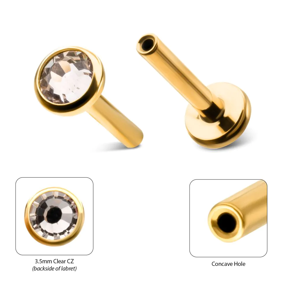 4mm Bezel CZ Base Labret 24kt Gold PVD Titanium Threadless