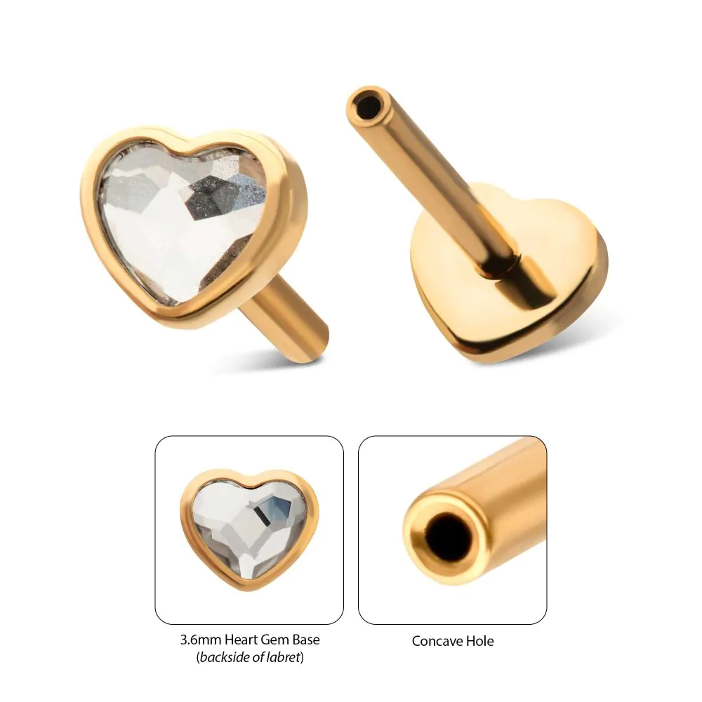 4mm Bezel Heart CZ Base 24kt Gold PVD Threadless Labret
