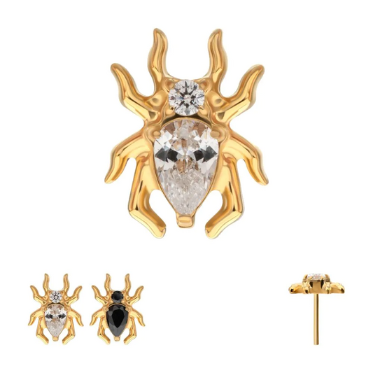 Spider Prong Teardrop & Round CZ 24kt Gold PVD Titanium Threadless Top
