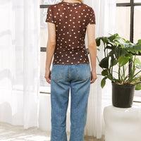 Polka Dot Plus Mesh Print Slim Fit Short Sleeves Top