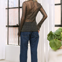 Lurex Mesh High Neck Long Sleeves Top Plus Size