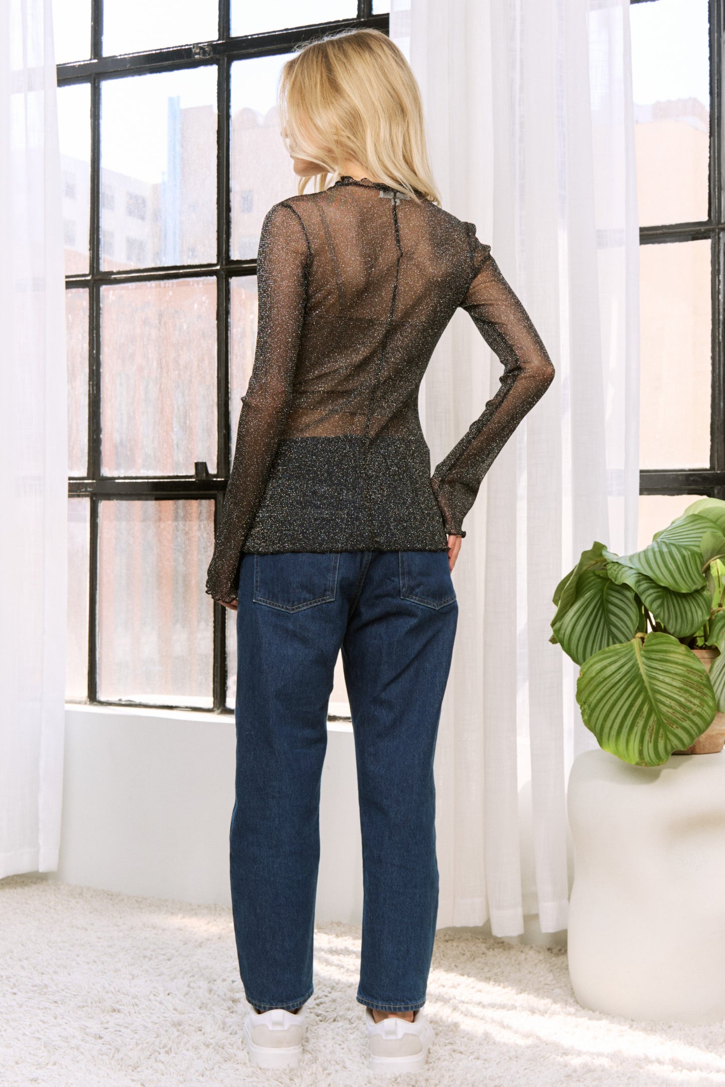 Lurex Mesh High Neck Long Sleeves Top Plus Size