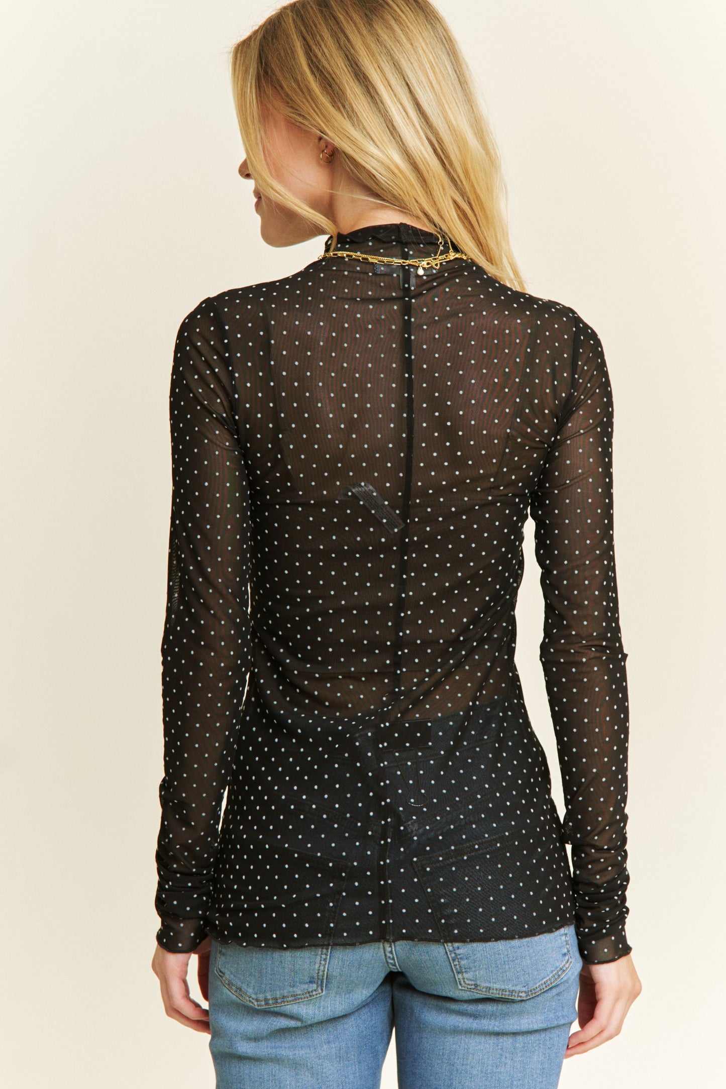 Polka-dot Mesh Long Sleeve Top Plus Size