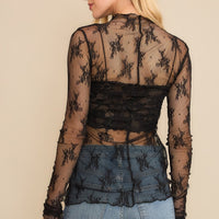 Mesh Lace High Neck Bow Dot Long Sleeve Plus Top