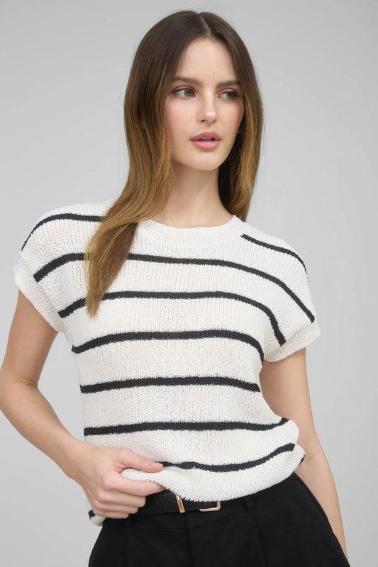 Ivory Striped Extended Shoulder Short Sleeve Sweater