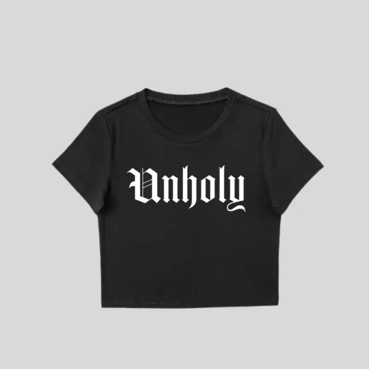 Black Unholy Cropped T-Shirt With White Lettering