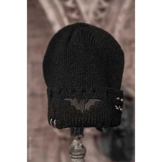 Distressed Pierced Beanie Black Bat