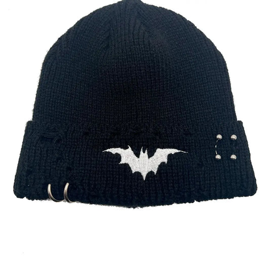 White Bat Distressed Pierced Beanie